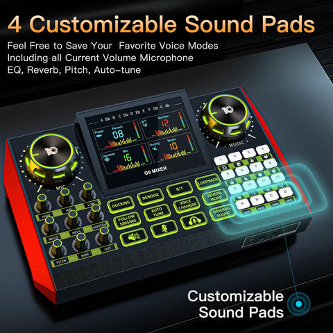 Pro Gaming Audio Mixer For Streaming And Podcasting With Built In Voice Changer USB Audio Interface DJ Style Mixer top view