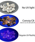 Comparison of stones under no light, 365nm UV LED Flashlight With Patented Glass Filter Waterproof Absorbs Visible Light, regular UV light