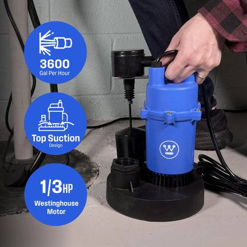 Heavy Duty Submersible Sump Pump 1/3 HP Automatic Vertical Float Switch Delivers Up To 3,600 GPH For Fast Water Removal