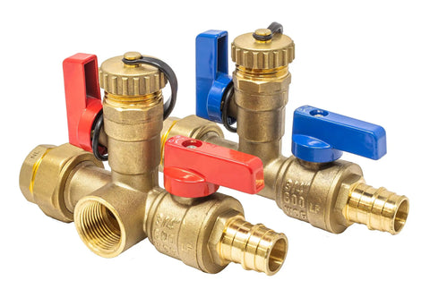 Expansion PEX A Tankless Water Heater Isolation Valve Kit With Pressure Relief Valve Three Quarter Inch FNPT To Expansion PEX A Service Valve For Rheem Rinai Navien DIY Friendly Easy Install Brass