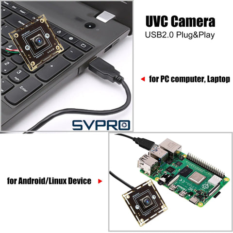 12MP Auto Focus USB Camera Module For PC And Laptop With 4K 30fps And 1080P 60fps UVC USB Two Point Zero Webcam Board Great For Streaming And Vid Calls Industrial Machine Vision IMX362 Sensor PDAF shown connected to a laptop and Linux board.