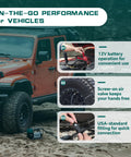 Orange off-road vehicle with 12V Tire Inflator With In Line Pressure Gauge, 125 PSI Fast Inflation For Off Road Rigs beside it on sandy terrain.