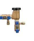 Brass 3/4-inch pressure vacuum breaker irrigation assembly with blue Wilkins shutoff valves and a black top cap