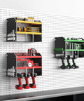 Wall Mounted Power Tool Organizer For Home Garage Storage Space Saving Metal Tool Rack With Cordless Drill Holder Heavy Duty Steel Shelf Black And Yellow Modern Design Keeps Your Gear On Deck And Your Garage Neat displaying tools and drills on a pegboard.