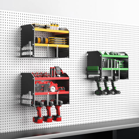 Wall Mounted Power Tool Organizer For Home Garage Storage Space Saving Metal Tool Rack With Cordless Drill Holder Heavy Duty Steel Shelf Black And Yellow Modern Design Keeps Your Gear On Deck And Your Garage Neat displaying tools and drills on a pegboard.