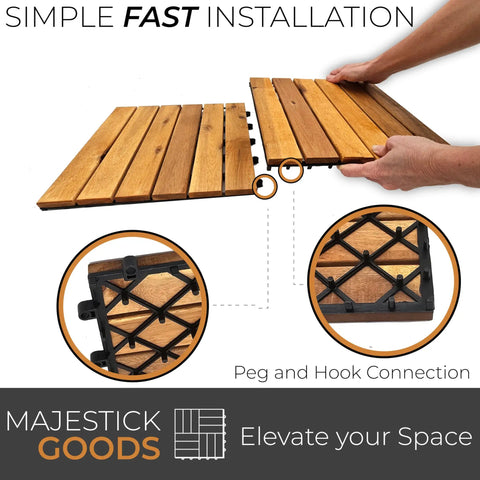 Interlocking Acacia Deck Tiles For Patio And Walkways No Fuss Tool Free Install With Raised Base Drainage Long Slat Outdoor Flooring 12 By 12 Inch Tiles 8 Count, showing peg and hook connection system.