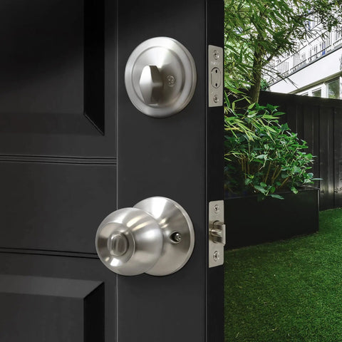Entry Door Knob Deadbolt Combo Lock Set With Six Keys Satin Stainless Steel Six Pack Adjustable Latch Keyed Differently Per Lock