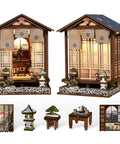 DIY Book Nook Kit Japanese Machiya with LED Light, 3D Wooden Puzzle showing assembled model and detailed parts