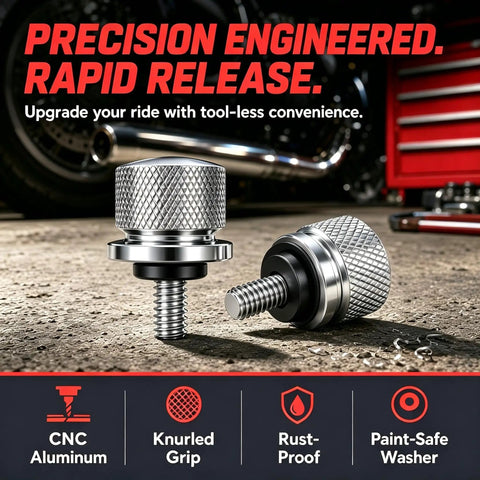 Heavy Duty 304 Stainless Motorcycle Seat Bolt Screw And Nut Kit Built For Hassle Free Swaps Featuring Diamond Knurling Grip on workbench.