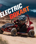 Red kid friendly all terrain electric go kart with 48V 1000W motor on dirt path, 13-inch off road tires visible
