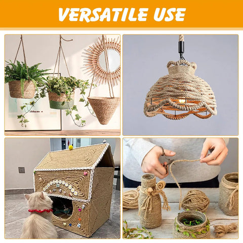 Heavy Duty Natural Sisal Rope For Cat Scratcher And Scratching Posts One Quarter Inch By One Hundred Sixty Four Feet No Dyes Safe Natural Fiber Ideal For DIY Cat Trees Scratching Furniture Crafts Gardening And Home Decor used in various craft projects and home decor.