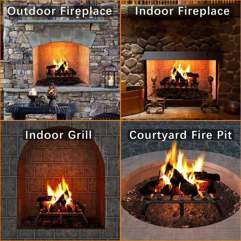Heavy Duty 24 Inch Fireplace Grate Made From Solid Steel For Firewood Logs And Kindling Four Thick Feet And Two Center Supports To Prevent Sag displayed in various indoor and outdoor settings