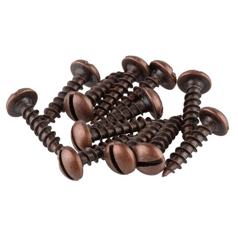 Top Shelf Heavy Duty Number Six By Five Eighth Antique Copper Round Head Slotted Wood Screws Pack Of Twenty Five in a pile.