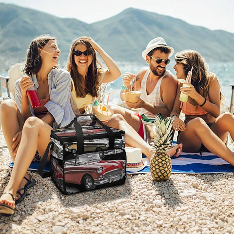 Insulated Picnic Backpack Tote 30L Large Capacity Cooler Bag on beach with friends enjoying drinks, leakproof waterproof design