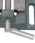Close-up of Beefy 3 Inch High Carbon Steel Drill Press Vise with Raised Widened Jaws for bench work precision clamping.