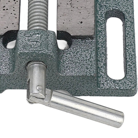 Close-up of Beefy 3 Inch High Carbon Steel Drill Press Vise with Raised Widened Jaws for bench work precision clamping.
