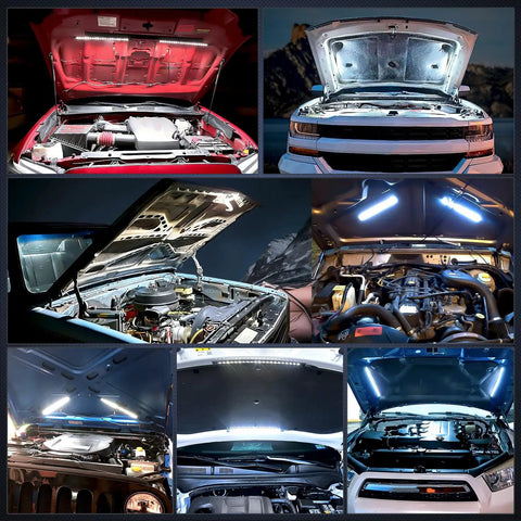 Collage of cars and trucks with installed 2 Pack Underhood LED Light Strips Waterproof 42LED 40cm Engine Bay Work Light