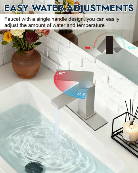 1 Hole Single Handle Stainless Steel Bathroom Faucet With Deck Plate In Brushed Nickel Modern Vanity Sink Faucet Set Includes Water Supply Hoses ABS Pop Up Drain No Plumber Needed Easy Install Kit