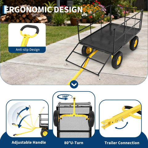 Workhorse 1500 Lb Folding Garden Wagon Cart displayed on patio, showing anti-slip handle, all-terrain wheels, and mesh sides.