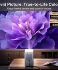 Roku TV Smart Projector With WiFi And Bluetooth, D1R Cube projecting vivid purple flower image on wall, 1080P FHD, home setup
