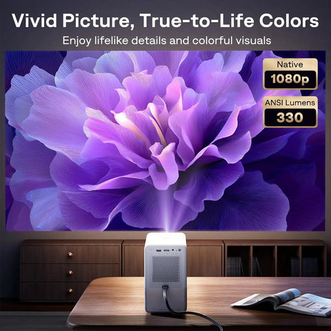 Roku TV Smart Projector With WiFi And Bluetooth, D1R Cube projecting vivid purple flower image on wall, 1080P FHD, home setup