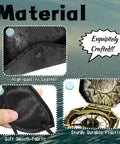 Close-up of materials used in Top Shelf Black Renaissance Pirate Tricorn Hat Set with high-quality leather, fabric, and compass.