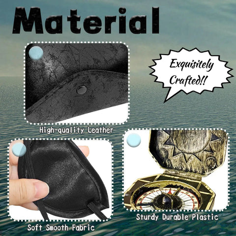 Close-up of materials used in Top Shelf Black Renaissance Pirate Tricorn Hat Set with high-quality leather, fabric, and compass.