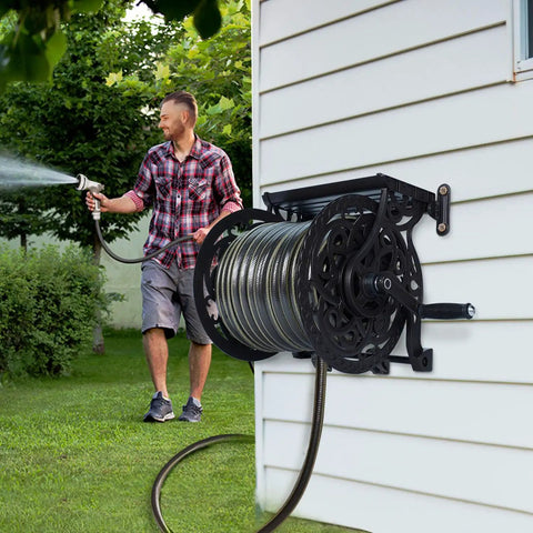 Wall Mount Garden Hose Reel For Outdoor Use, Holds Up To 125 Ft Of Five Eighth Inch Hose, Heavy Duty Aluminum Frame on house wall