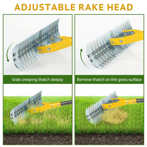 15-Inch Steel Thatch Rake For Lawn Dethatching And Soil Loosening with adjustable head in action over grass surface