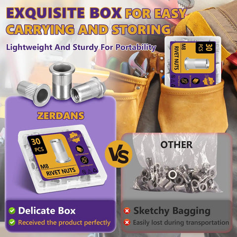 Heavy Duty 30 Piece M8 304 Stainless Steel Rivet Nut Set With Flat Head Inserts in an exquisite box for easy storing.