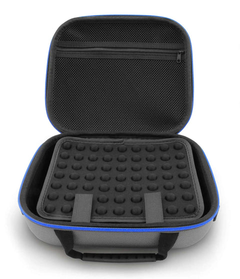 Heavy Duty CPAP Travel Case Compatible With Airmini Device And Airfit P10 Mask Setup, gray shell with blue trim, open showing foam tray.