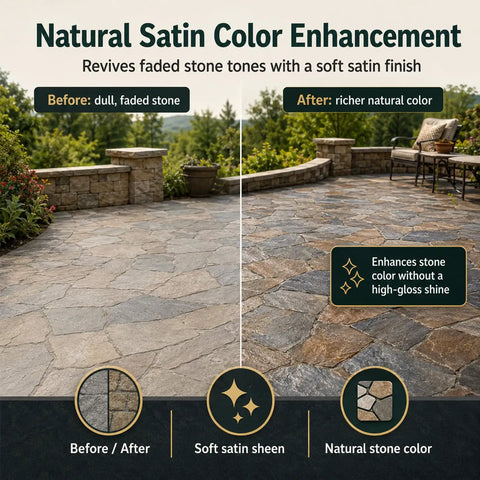 Top-Shelf Satin Stone Sealer and Color Enhancer Amps Up Tones on Porous Pavers and Rock with a Natural Low-Gloss Sheen for a Rich Glow Up while Shielding Surfaces from Weather Damage in One Gallon Bulk before and after patio stone enhancement