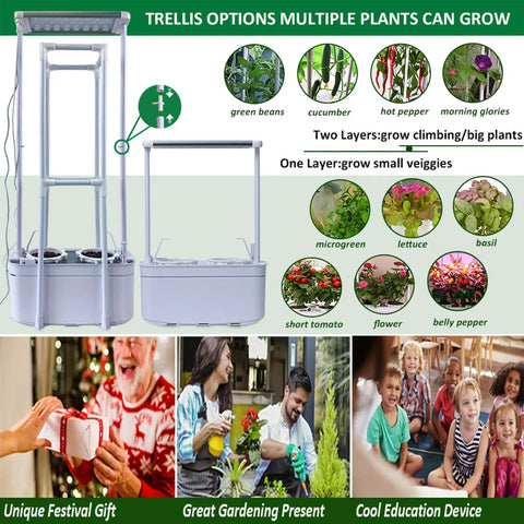 Smart Indoor Hydroponic Garden System Kit With Trellis And LED Grow Light Plug N Play Setup showing plant growth options.