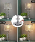 Crystal Table Lamp for Bedroom Nightstand With USB Ports, 3 way dimmable, silver, on nightstand showing light levels.