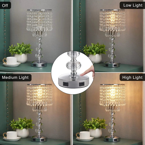 Crystal Table Lamp for Bedroom Nightstand With USB Ports, 3 way dimmable, silver, on nightstand showing light levels.