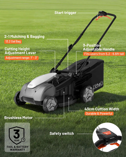 18-Inch 40V Brushless Cordless Lawn Mower For Yards, Lightweight Battery Powered With 6-Position Height Adjustment, Quiet Low-Vibration Design, Includes 2x 5.0Ah Batteries, Yard-Ready Power. Black 43cm mower with adjustable handle and safety switch