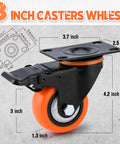 Moogii 3-inch swivel caster with brake; orange wheel, black housing, mounting plate; set of 4 with screws