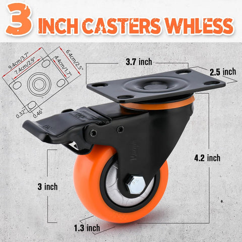 Moogii 3-inch swivel caster with brake; orange wheel, black housing, mounting plate; set of 4 with screws