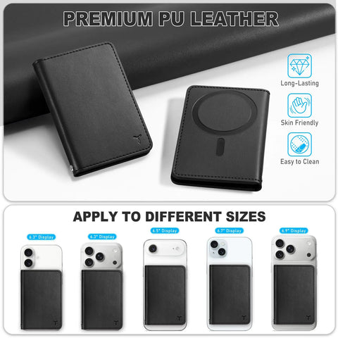 MagSafe Wallet For Men Women With 6 Card Slots And RFID Blocking Clear ID Window PU Leather Folio Magnetic Phone Wallet For iPhone 12 Through 17 Series Black For Daily Use shown with iPhones