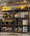 Beefy Four Tier Garage Storage Shelves With 2560 Lb Capacity 640 Lb Per Shelf 48 Inches Wide 24 Inches Deep 60 Inches High Heavy Duty Steel Frame And Thick MDF Shelves For Tools Bins And Bulk Storage, loaded with tools and tires