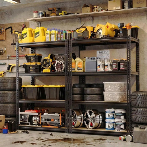 Beefy Four Tier Garage Storage Shelves With 2560 Lb Capacity 640 Lb Per Shelf 48 Inches Wide 24 Inches Deep 60 Inches High Heavy Duty Steel Frame And Thick MDF Shelves For Tools Bins And Bulk Storage, loaded with tools and tires