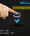 Hand pressing Rugged 12V Latching Push Button Switch 1NO1NC SPDT with blue LED, 19mm metal panel mount, IP65 waterproof