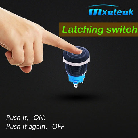 Hand pressing Rugged 12V Latching Push Button Switch 1NO1NC SPDT with blue LED, 19mm metal panel mount, IP65 waterproof