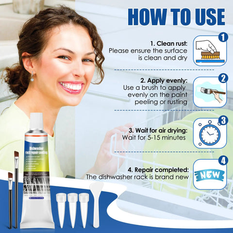 Dishwasher Rack Repair Coating Kit 1.7 Oz White Vinyl Rack Rust Touch Up Paint With Scraper And Brushes, DIY steps shown