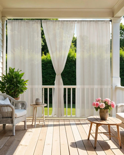 All Weather Outdoor Sheer Curtains 6 Pack For Patio And Porch, Rod Pocket Beige 54x84 Inches, hung on a porch for light diffusion.