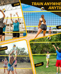 Game Ready Portable Volleyball Net Set 12x8 Ft With Four Height Levels From 5.05 To 8 Feet No Tools Needed shown in use at gym, beach, backyard, and park