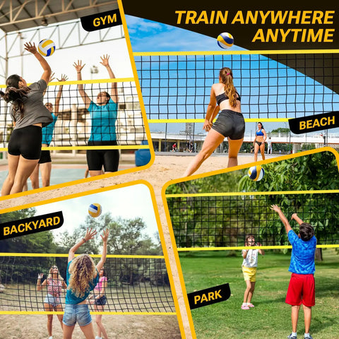 Game Ready Portable Volleyball Net Set 12x8 Ft With Four Height Levels From 5.05 To 8 Feet No Tools Needed shown in use at gym, beach, backyard, and park