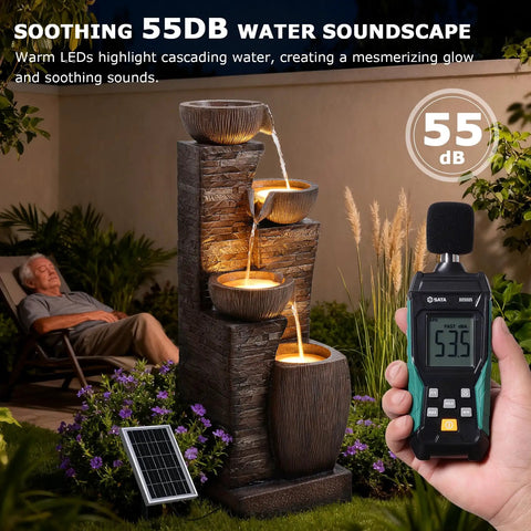 38.2 Inch Solar Powered Outdoor Water Fountain with Four Tier Cascading Bowls and Stacked Stones LED Lights in garden setting