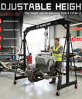 Ridiculously Strong 3 Ton Gantry Crane, Portable Shop Hoist with Wheels, Adjustable Height 8.5 to 12.5 Ft lifting engine in garage.