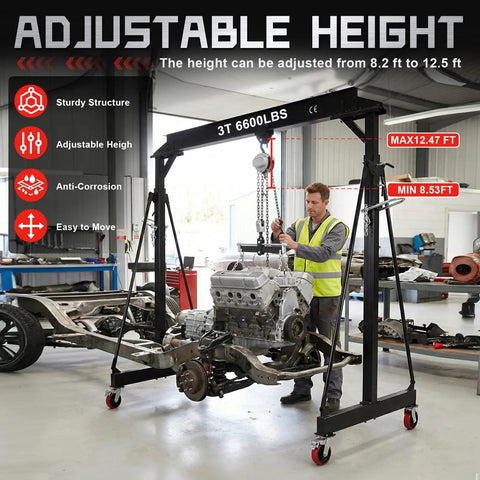 Ridiculously Strong 3 Ton Gantry Crane, Portable Shop Hoist with Wheels, Adjustable Height 8.5 to 12.5 Ft lifting engine in garage.